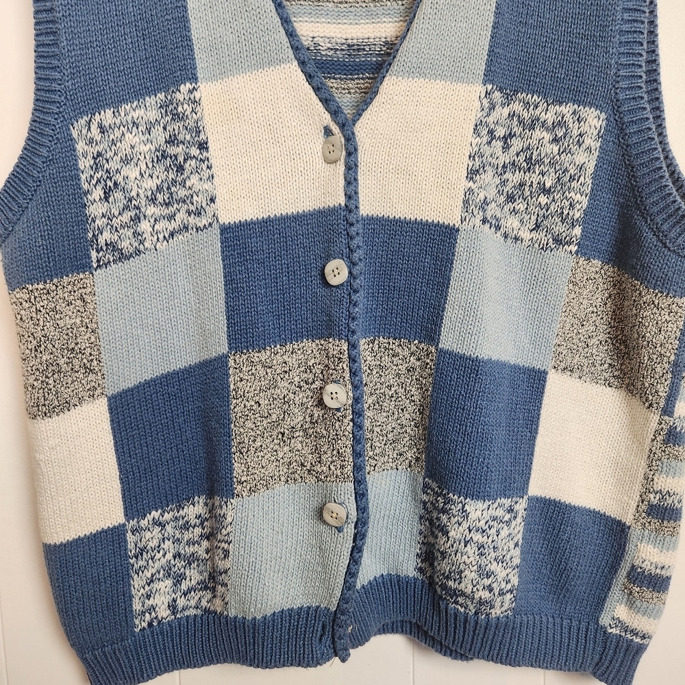 Vintage 90s Patchwork Blue Knit Sweater Vest Cardigan Size Large Cottagecore - Picture 2 of 7